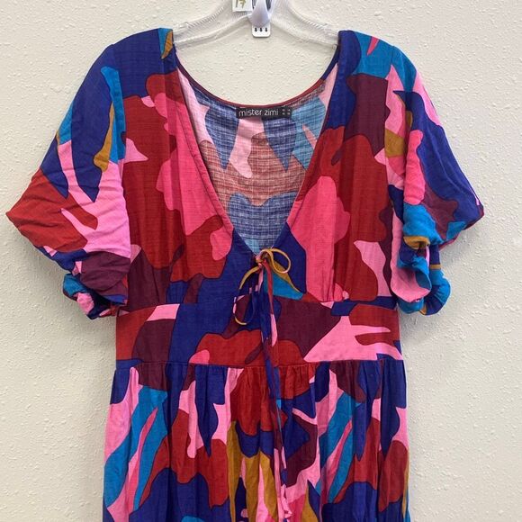 Mister zimi Zuri rayon colorful V-Neck midi dress balloon sleeve size 10 #720 - Picture 13 of 13